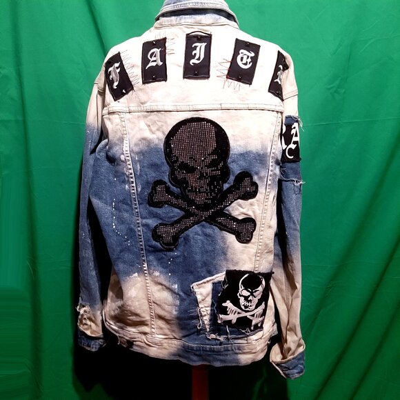 Smoke Rise DNM Co Men’s Denim Jacket XL Stone Wash Distressed Patches Slim Fit - Picture 4 of 11